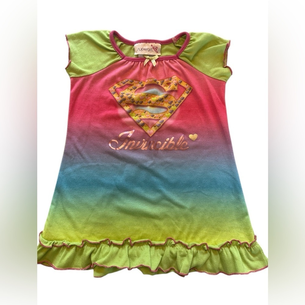 Supergirl Pink Green Ombre Sleep Dress Ruffle Hem Y2K Pajama Toddler 2T